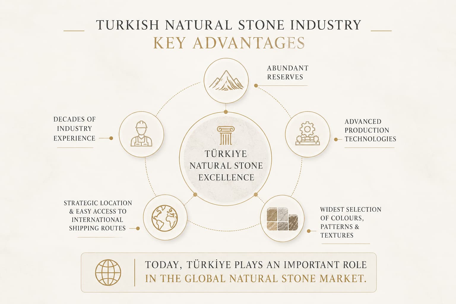 Infographic illustrating the key advantages of Türkiye's natural stone industry, including abundant natural stone reserves, decades of industry experience, advanced production technologies, strategic location with access to international shipping routes, and one of the world's widest selections of natural stone colours, patterns, and textures, highlighting Türkiye's leading role in the global natural stone market.